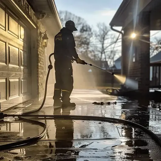 Driveway being pressure washed at sunset, wet surface reflecting the light