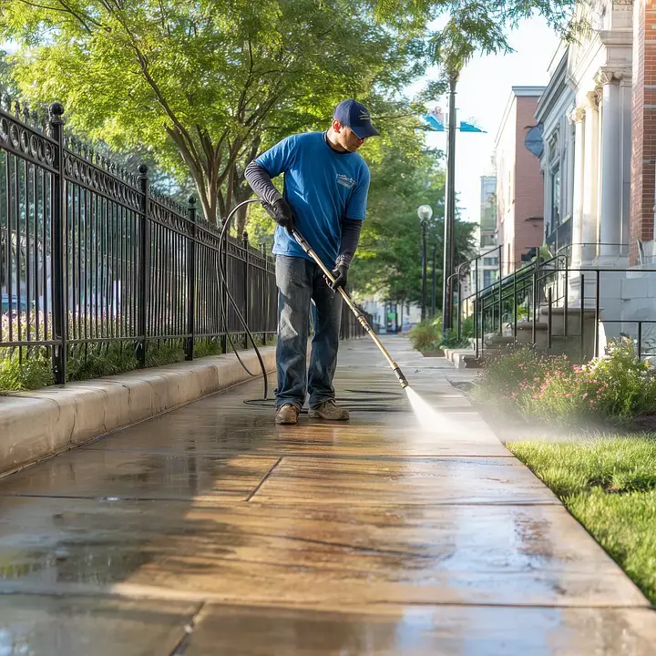 Worker pressure washing a walkway beside a black fence and trees
