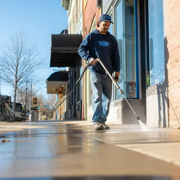 Technician pressure washing a paved surface
